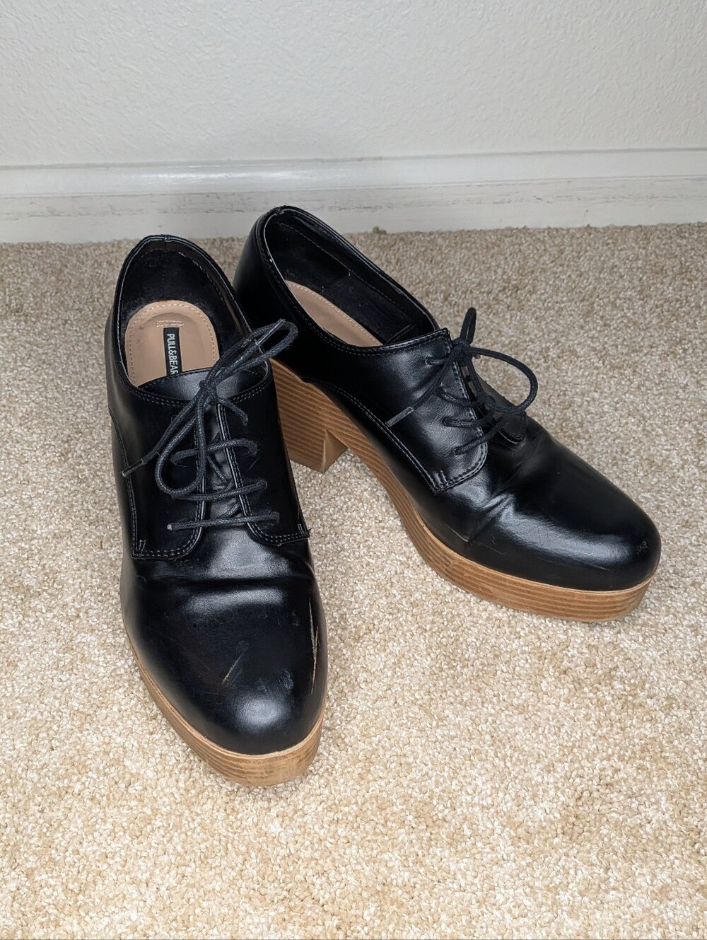 Pull & Bear Black Platform Oxford Heels Lace Up Chunky Block Heel Pumps 40